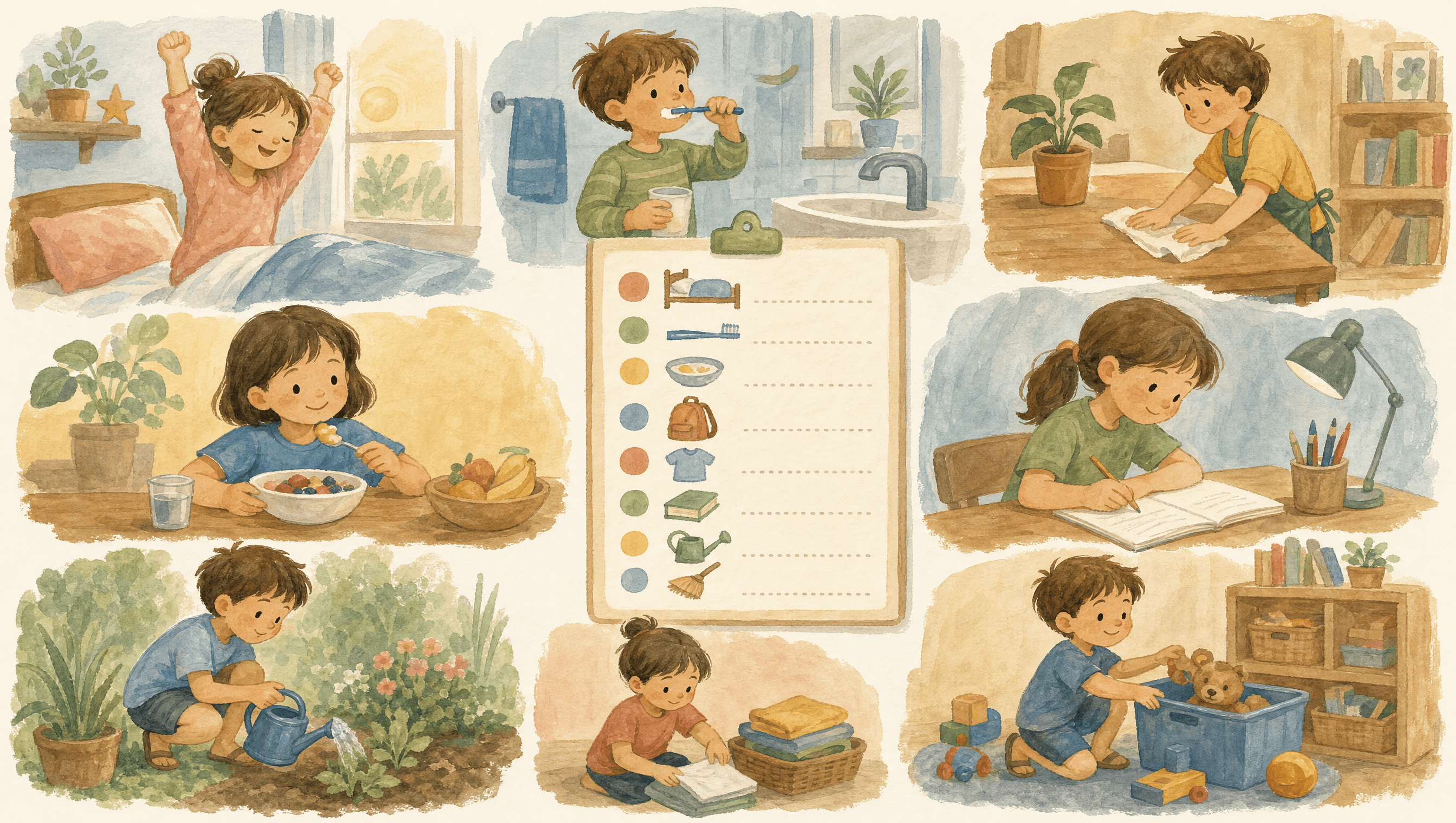 A hand-painted scene of kids' daily routines, lists and chores